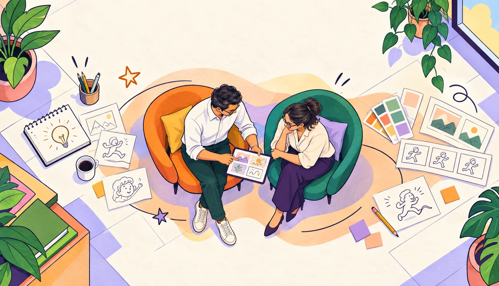 Illustrated portrait of founders Vinitha and Sabhya reviewing storyboards in the ScribbleMonk studio