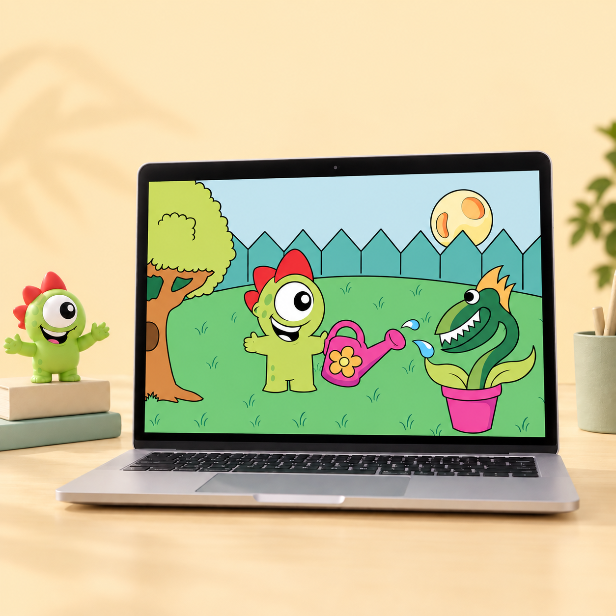 Kizi character animation shown on a laptop